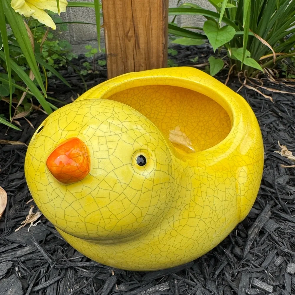 Harry & David Yellow Ceramic Bird Planter - Decorative Bird Feeder/Water Bowl